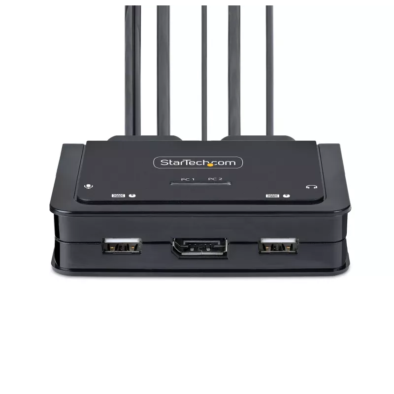 StarTech.com Przełącznik KVM z kablem USB-C 2-portowy, wyjście DisplayPort 4K 60Hz, kompaktowy KVM ze zintegrowanymi kablami USB-C/Audio 1,2 m, zasilany z magistrali - zdalne przełączanie przyciskiem/skrotami klawiszowymi