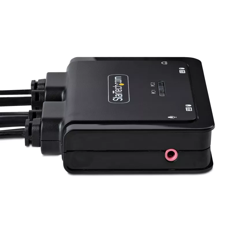 StarTech.com Przełącznik KVM z kablem USB-C 2-portowy, wyjście DisplayPort 4K 60Hz, kompaktowy KVM ze zintegrowanymi kablami USB-C/Audio 1,2 m, zasilany z magistrali - zdalne przełączanie przyciskiem/skrotami klawiszowymi