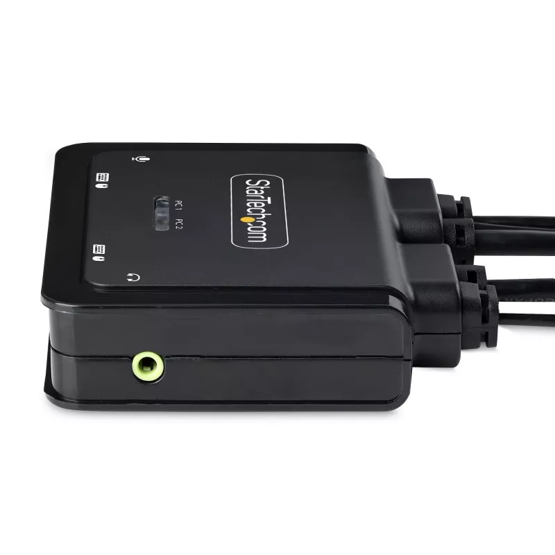 StarTech.com Przełącznik KVM z kablem USB-C 2-portowy, wyjście DisplayPort 4K 60Hz, kompaktowy KVM ze zintegrowanymi kablami USB-C/Audio 1,2 m, zasilany z magistrali - zdalne przełączanie przyciskiem/skrotami klawiszowymi