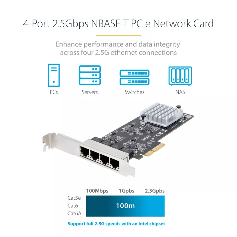 Karta sieciowa StarTech.com 4-Port 2.5Gbps NBASE-T PCIe, Intel I225-V, 4-portowa karta sieciowa, wielogigabitowa karta NIC, karta sieciowa PCI Express do serwera, stacjonarny interfejs Ethernet