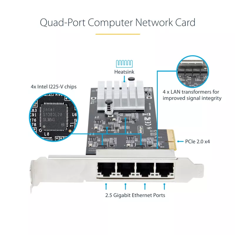 Karta sieciowa StarTech.com 4-Port 2.5Gbps NBASE-T PCIe, Intel I225-V, 4-portowa karta sieciowa, wielogigabitowa karta NIC, karta sieciowa PCI Express do serwera, stacjonarny interfejs Ethernet