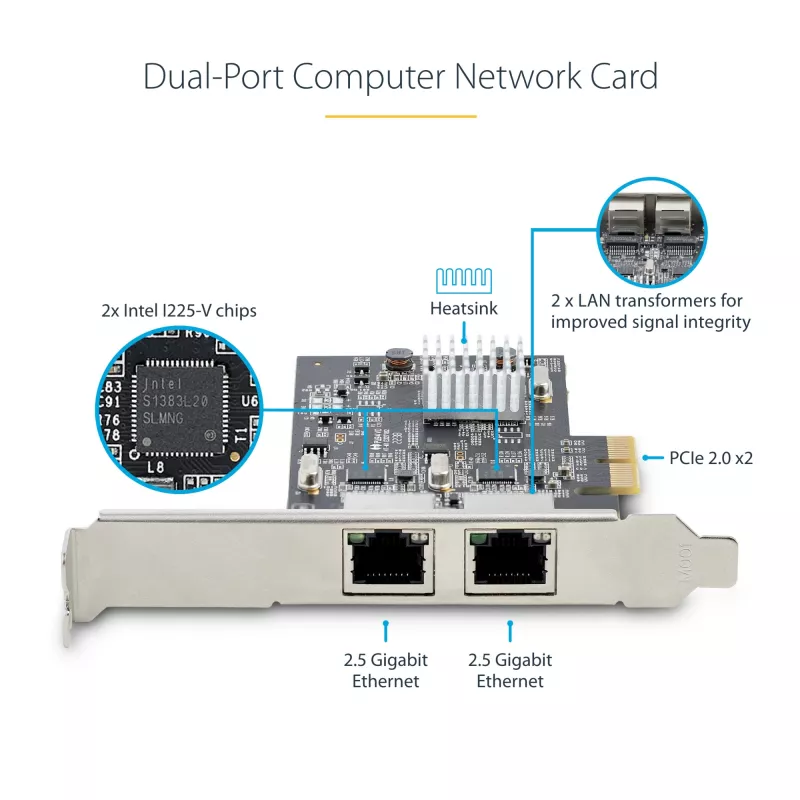 StarTech.com 2-Portowa Karta Sieciowa 2,5Gbps NBASE-T PCIe, Intel I225-V, Dwportowa Karta Sieciowa Komputera, Multi-Gigabit NIC, Karta Sieciowa Serwerowa PCI Express, Interfejs Ethernet Desktop
