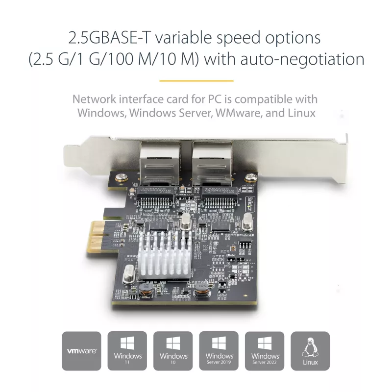 StarTech.com 2-Portowa Karta Sieciowa 2,5Gbps NBASE-T PCIe, Intel I225-V, Dwportowa Karta Sieciowa Komputera, Multi-Gigabit NIC, Karta Sieciowa Serwerowa PCI Express, Interfejs Ethernet Desktop