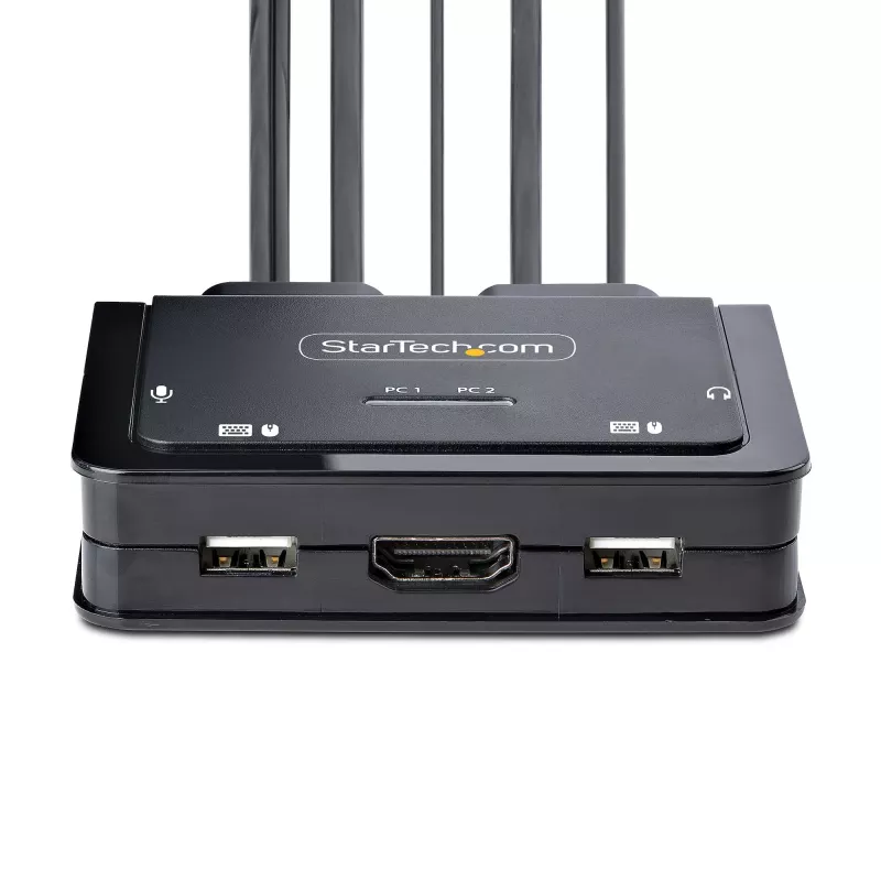 StarTech.com 2-Portowy Hybrydowy KVM Switch z wbudowanymi kablami USB-C i HDMI, 4K 60Hz, kompaktowy KVM z wbudowanymi kablami hosta USB-A/HDMI/Audio 1,8m i USB-C 1,2m, zasilany z magistrali - zdalne przełączanie przyciskiem/skoprótami klawiszowymi