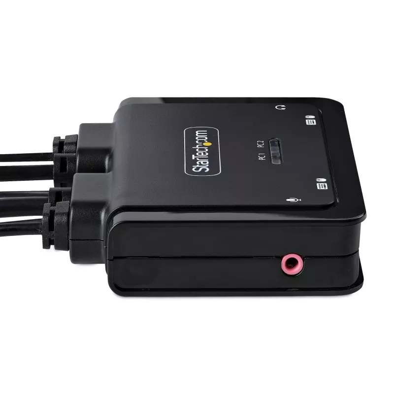 StarTech.com 2-Portowy Hybrydowy KVM Switch z wbudowanymi kablami USB-C i HDMI, 4K 60Hz, kompaktowy KVM z wbudowanymi kablami hosta USB-A/HDMI/Audio 1,8m i USB-C 1,2m, zasilany z magistrali - zdalne przełączanie przyciskiem/skoprótami klawiszowymi