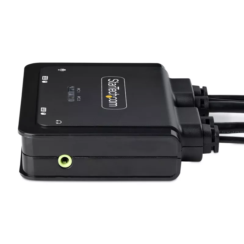 StarTech.com 2-Portowy Hybrydowy KVM Switch z wbudowanymi kablami USB-C i HDMI, 4K 60Hz, kompaktowy KVM z wbudowanymi kablami hosta USB-A/HDMI/Audio 1,8m i USB-C 1,2m, zasilany z magistrali - zdalne przełączanie przyciskiem/skoprótami klawiszowymi