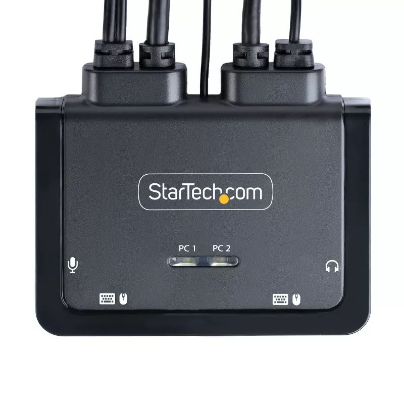 StarTech.com 2-Portowy Hybrydowy KVM Switch z wbudowanymi kablami USB-C i HDMI, 4K 60Hz, kompaktowy KVM z wbudowanymi kablami hosta USB-A/HDMI/Audio 1,8m i USB-C 1,2m, zasilany z magistrali - zdalne przełączanie przyciskiem/skoprótami klawiszowymi