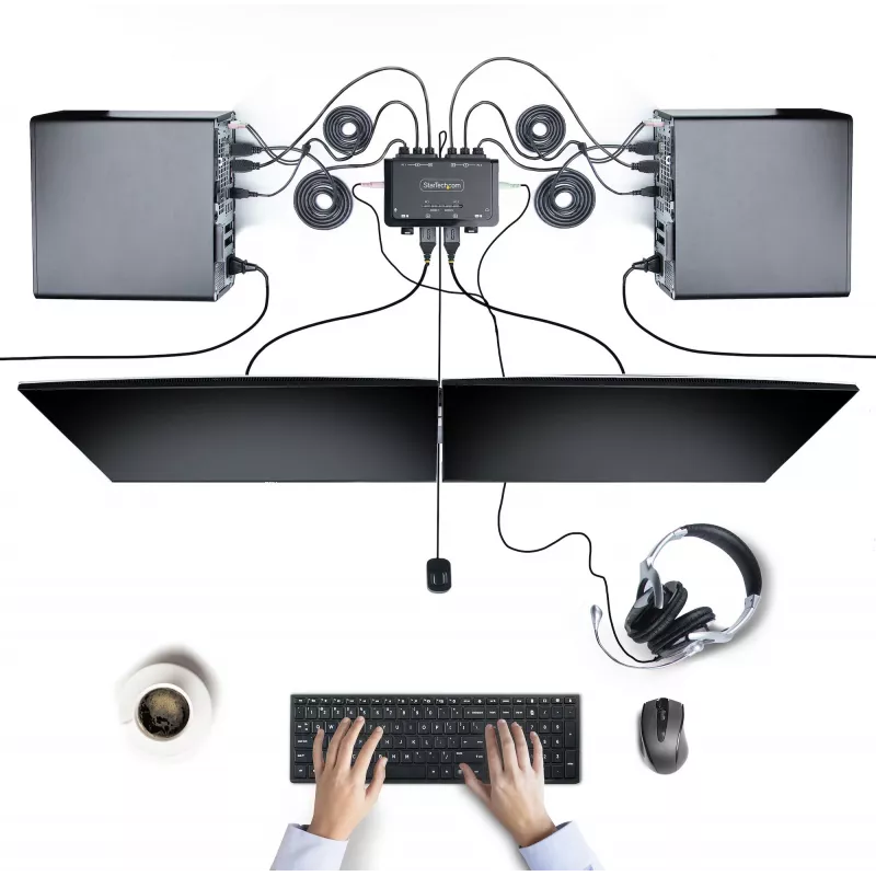 StarTech.com Kompaktowy przełącznik KVM do podwójnych monitorów HDMI, 4K 60 Hz, 2 porty, z wbudowanymi kablami USB-A/HDMI/Audio 1,5 m, zasilany magistralą – zdalny przycisk/przełączanie skrótami klawiszowymi