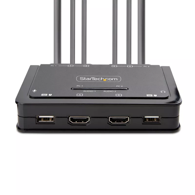 StarTech.com Kompaktowy przełącznik KVM do podwójnych monitorów HDMI, 4K 60 Hz, 2 porty, z wbudowanymi kablami USB-A/HDMI/Audio 1,5 m, zasilany magistralą – zdalny przycisk/przełączanie skrótami klawiszowymi