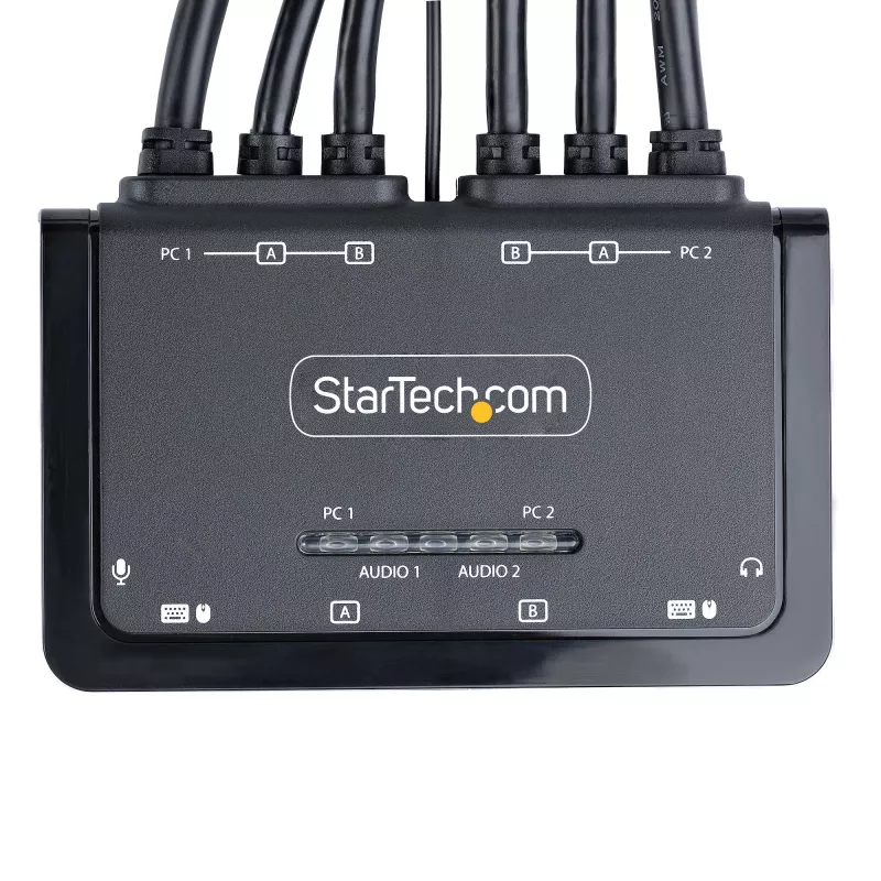 StarTech.com Kompaktowy przełącznik KVM do podwójnych monitorów HDMI, 4K 60 Hz, 2 porty, z wbudowanymi kablami USB-A/HDMI/Audio 1,5 m, zasilany magistralą – zdalny przycisk/przełączanie skrótami klawiszowymi