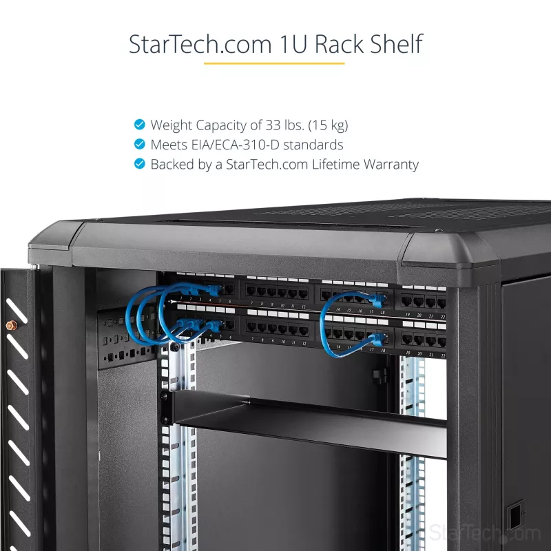 Półka do serwera StarTech.com 1U, uniwersalna półka wspornikowa do montażu w szafie rack 19 cali, do szafy/szafy sieciowej, wytrzymała stal, udźwig 15 kg, głębokość 18 cm