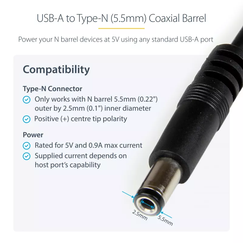 StarTech.com kabel USB do zasilania 5,5 mm - wtyk typu N - 1 m, 1 m, USB A, wtyk typu N