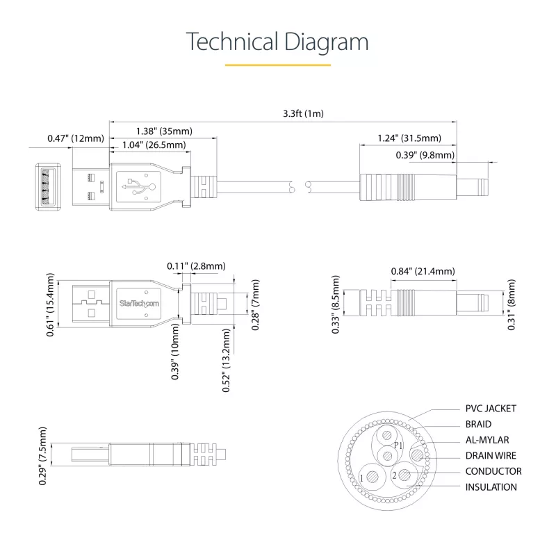 StarTech.com kabel USB do zasilania 5,5 mm - wtyk typu N - 1 m, 1 m, USB A, wtyk typu N