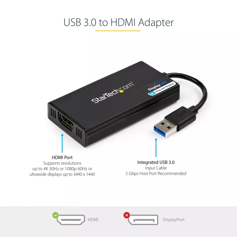 StarTech.com USB 3.0 do HDMI Adapter - 4K 30Hz Ultra HD - Certyfikat DisplayLink - USB Typ-A do HDMI Adapter Wyświetlacza Konwerter dla Monitora - Zewnętrzna Karta Wideo i Graficzna - Mac i Windows