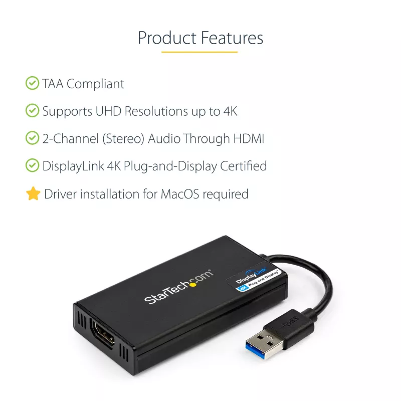 StarTech.com USB 3.0 do HDMI Adapter - 4K 30Hz Ultra HD - Certyfikat DisplayLink - USB Typ-A do HDMI Adapter Wyświetlacza Konwerter dla Monitora - Zewnętrzna Karta Wideo i Graficzna - Mac i Windows