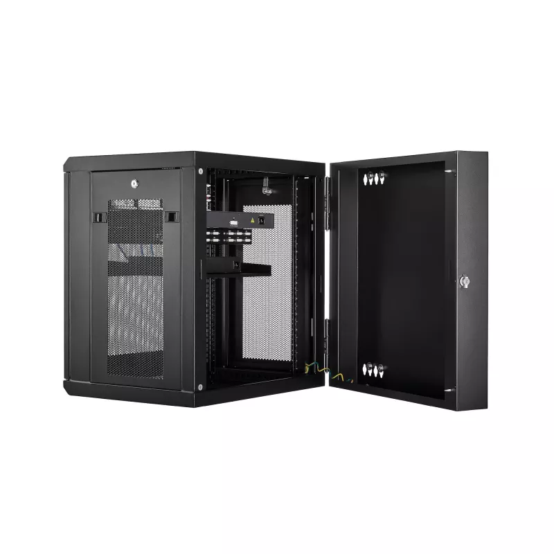 StarTech.com 4-słupkowa 12U ścienna szafa sieciowa z 1U półką, 19-calowy uchylny uchwyt serwerowy do montażu na ścianie dla sprzętu danych / AV / elektroniki / komputerowego, elastyczna wentylowana obudowa rack