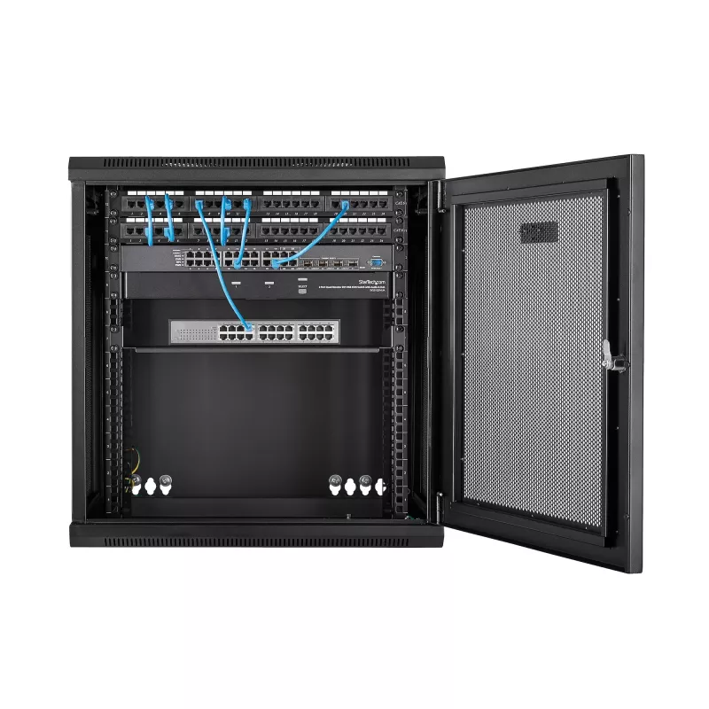 StarTech.com 4-słupkowa 12U ścienna szafa sieciowa z 1U półką, 19-calowy uchylny uchwyt serwerowy do montażu na ścianie dla sprzętu danych / AV / elektroniki / komputerowego, elastyczna wentylowana obudowa rack