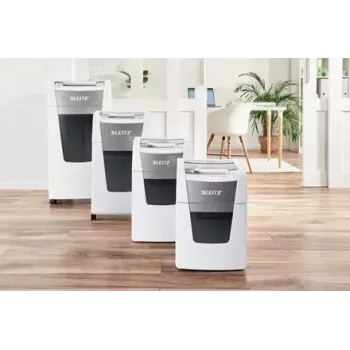 Niszczarka papieru LEITZ IQ Autofeed Small Office 100, ścinka poprzeczna P-4, 8 arkuszy, podajnik 22 cm, kosz 34 l, szara