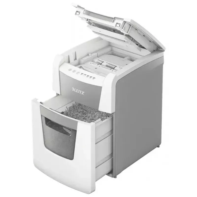 Niszczarka papieru LEITZ IQ Autofeed Small Office 100, ścinka poprzeczna P-4, 8 arkuszy, podajnik 22 cm, kosz 34 l, szara