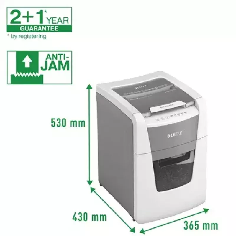 Niszczarka papieru LEITZ IQ Autofeed Small Office 100, ścinka poprzeczna P-4, 8 arkuszy, podajnik 22 cm, kosz 34 l, szara