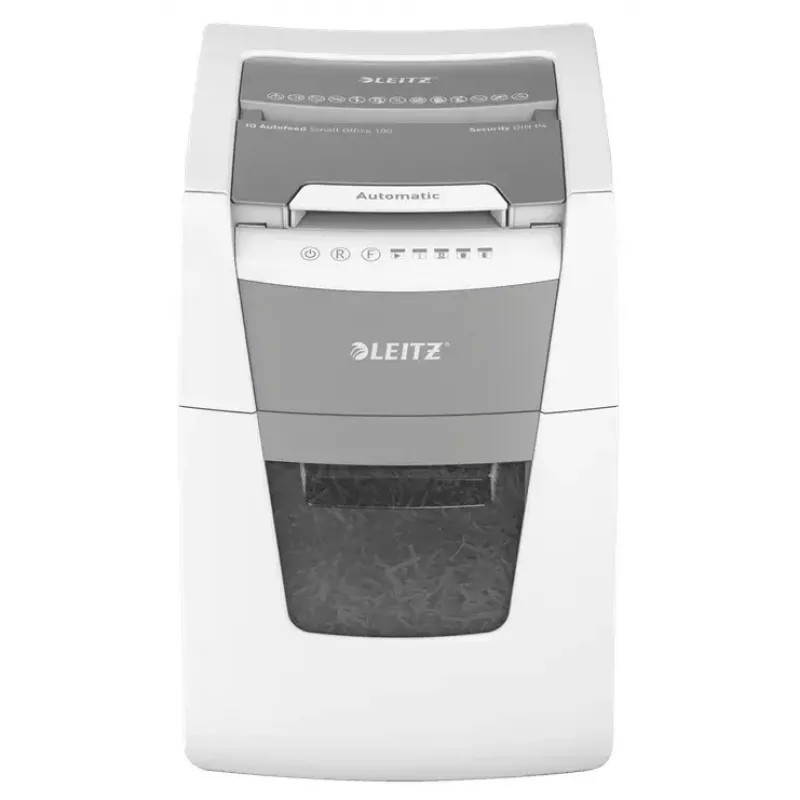 Niszczarka papieru LEITZ IQ Autofeed Small Office 100, ścinka poprzeczna P-4, 8 arkuszy, podajnik 22 cm, kosz 34 l, szara