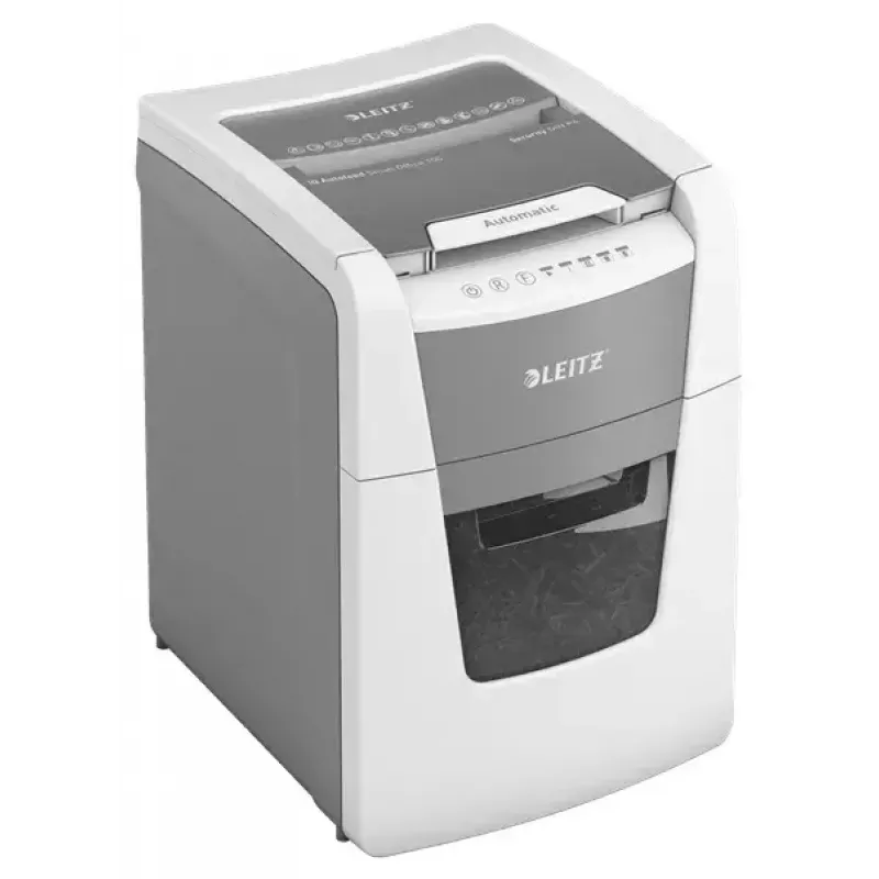 Niszczarka papieru LEITZ IQ Autofeed Small Office 100, ścinka poprzeczna P-4, 8 arkuszy, podajnik 22 cm, kosz 34 l, szara
