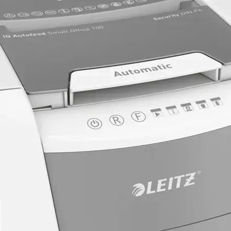 Niszczarka papieru LEITZ IQ Autofeed Small Office 100, ścinka poprzeczna P-4, 8 arkuszy, podajnik 22 cm, kosz 34 l, szara