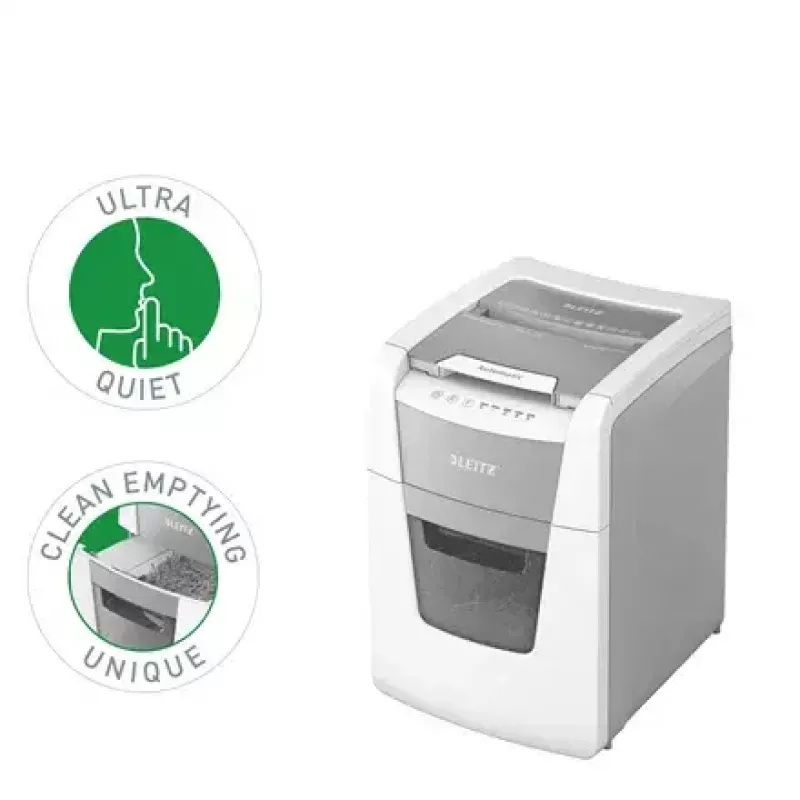 Niszczarka papieru LEITZ IQ Autofeed Small Office 100, ścinka poprzeczna P-4, 8 arkuszy, podajnik 22 cm, kosz 34 l, szara