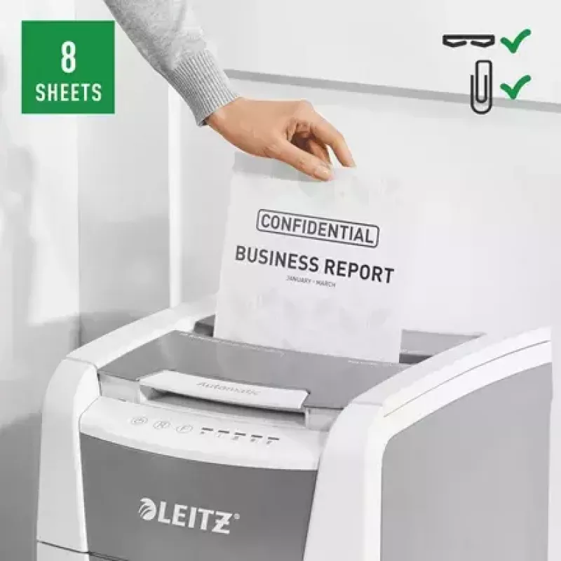 Niszczarka papieru LEITZ IQ Autofeed Small Office 100, ścinka poprzeczna P-4, 8 arkuszy, podajnik 22 cm, kosz 34 l, szara