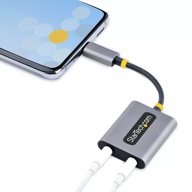 StarTech.com Rozdzielacz słuchawkowy USB-C, adapter dwóch zestawów słuchawkowych USB Type-C z wejściem mikrofonowym, adapter audio USB-C na 3,5 mm/dongle słuchawkowy, wyjście audio/aux USB-C na jack, 24-bitowy DAC
