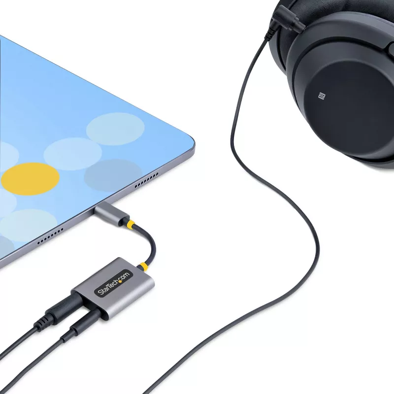 StarTech.com Rozdzielacz słuchawkowy USB-C, adapter dwóch zestawów słuchawkowych USB Type-C z wejściem mikrofonowym, adapter audio USB-C na 3,5 mm/dongle słuchawkowy, wyjście audio/aux USB-C na jack, 24-bitowy DAC