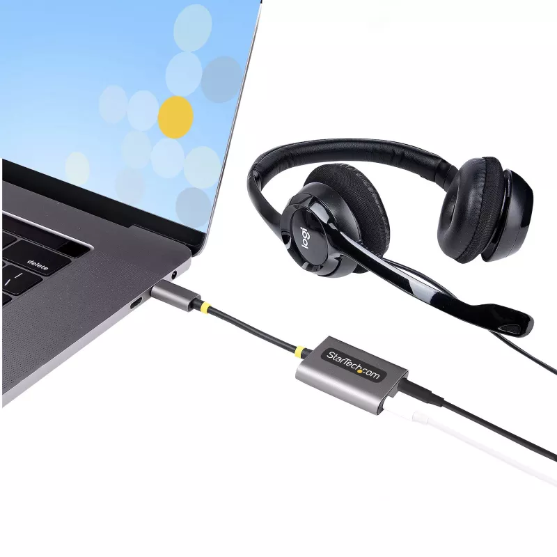 StarTech.com Rozdzielacz słuchawkowy USB-C, adapter dwóch zestawów słuchawkowych USB Type-C z wejściem mikrofonowym, adapter audio USB-C na 3,5 mm/dongle słuchawkowy, wyjście audio/aux USB-C na jack, 24-bitowy DAC