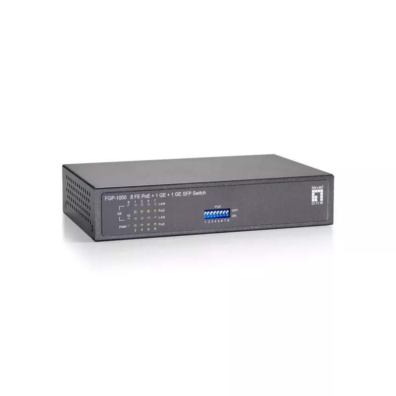 Przełącznik PoE LevelOne 10-portowy Fast Ethernet, 1 x Gigabit RJ45, 1 x Gigabit SFP, 8 wyjść PoE, 90W