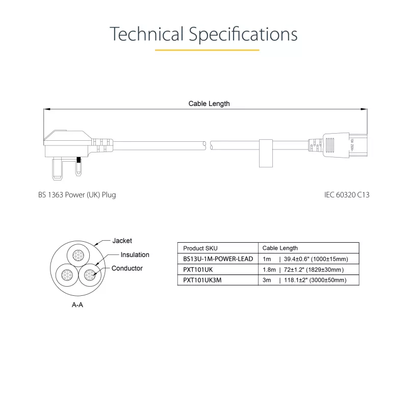 StarTech.com 3 m UK kabel zasilający do komputera, 18AWG, BS 1363 na C13, 10 A 250 V, czarny zamienny przewód zasilający AC, przewód zasilający UK / kabel do komputera, przewód do zasilacza PC, przewód zasilający do telewizora/monitora