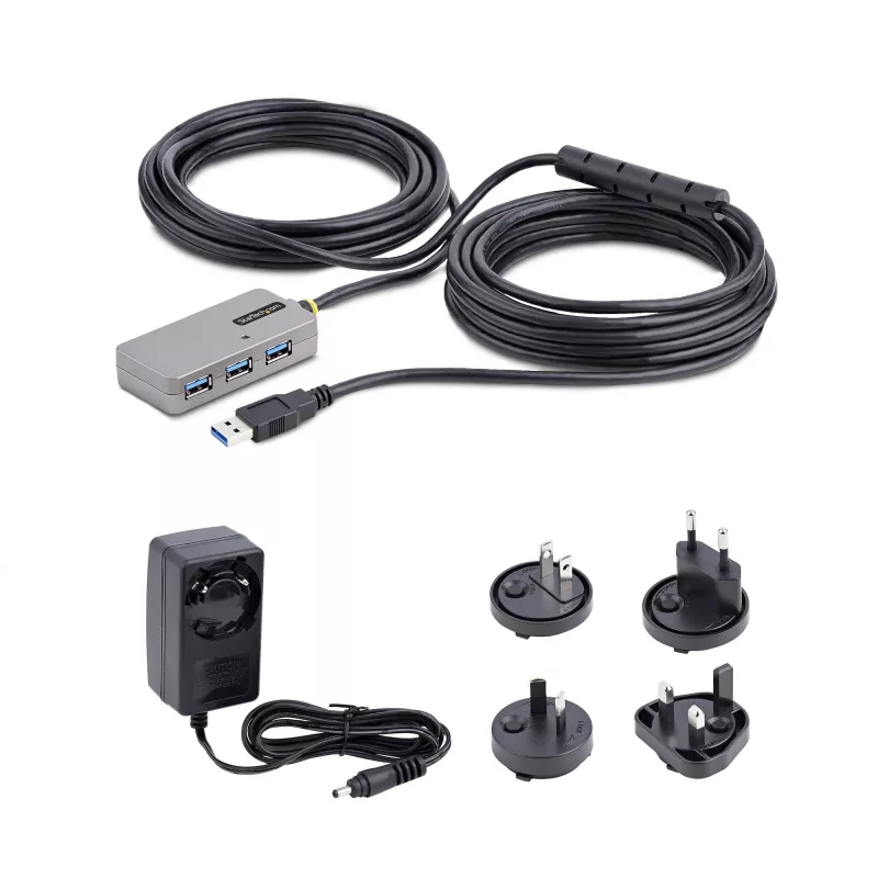 StarTech.com Koncentrator USB Extender, kabel przedłużający USB 3.0 10 m z 4-portowym koncentratorem USB-A, aktywny repeater USB z zasilaniem magistralnym, opcjonalny zasilacz 20 W w zestawie, ochrona ESD