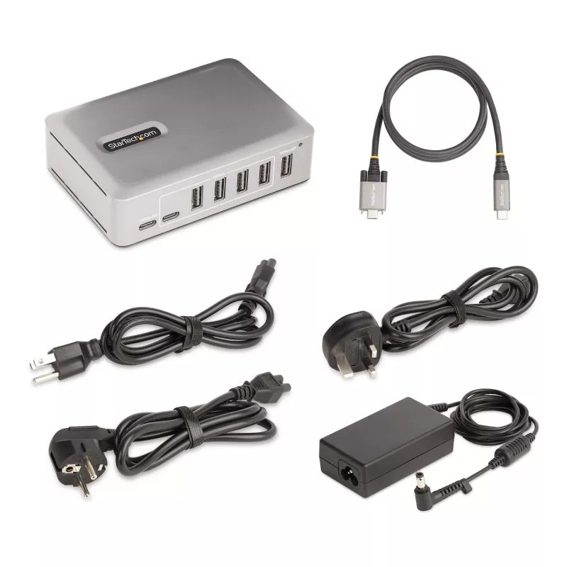 StarTech.com 7-portowy hub USB-C - 5x USB-A + 2x USB-C - zasilany z własnym zasilaczem 65 W - USB 3.1 10 Gb/s - Hub USB do komputera stacjonarnego/laptopa z blokowanym kablem 3 stopy z certyfikatem USB-IF - Hub USB C
