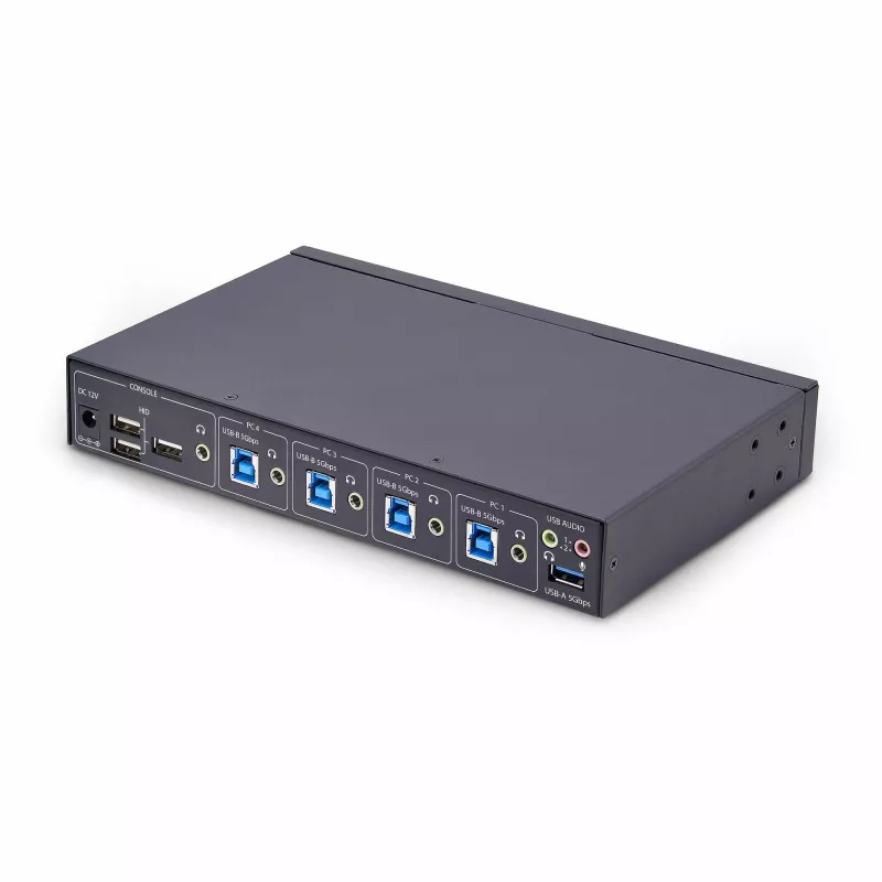 StarTech.com 4-portowy przełącznik KM z przełączaniem myszy, przełącznik USB dla klawiatury/myszy, audio 3,5 mm/USB, udostępnianie urządzeń peryferyjnych dla 4 komputerów, zgodny z TAA