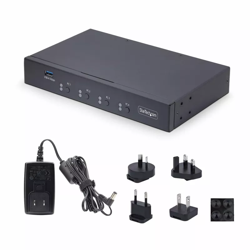 StarTech.com 4-portowy przełącznik KM z przełączaniem myszy, przełącznik USB dla klawiatury/myszy, audio 3,5 mm/USB, udostępnianie urządzeń peryferyjnych dla 4 komputerów, zgodny z TAA