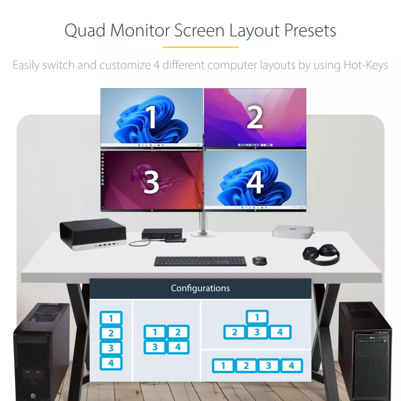 StarTech.com 4-portowy przełącznik KM z przełączaniem myszy, przełącznik USB dla klawiatury/myszy, audio 3,5 mm/USB, udostępnianie urządzeń peryferyjnych dla 4 komputerów, zgodny z TAA