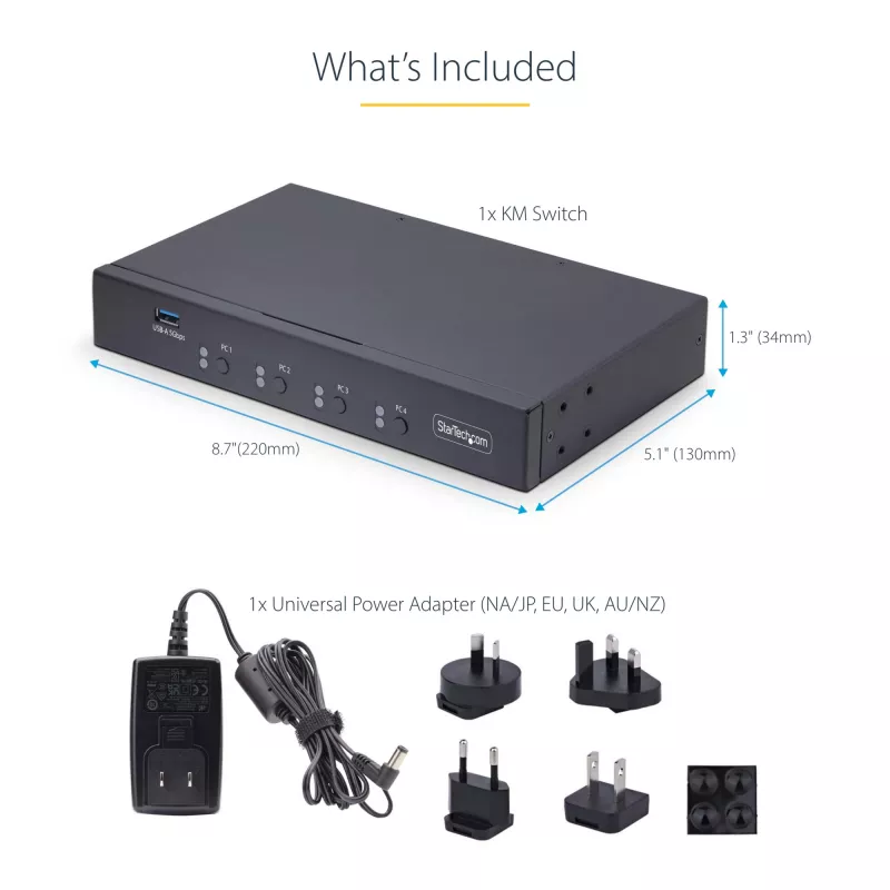 StarTech.com 4-portowy przełącznik KM z przełączaniem myszy, przełącznik USB dla klawiatury/myszy, audio 3,5 mm/USB, udostępnianie urządzeń peryferyjnych dla 4 komputerów, zgodny z TAA