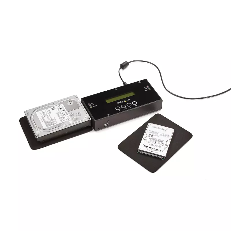 StarTech.com 1:1 samodzielny duplikator i kasowarka dysków twardych, kloner/kopiarka HDD/SSD SAS i SATA, duplikator i narzędzie do bezpiecznego czyszczenia dysków twardych, wyświetlacz LCD, zgodność z TAA