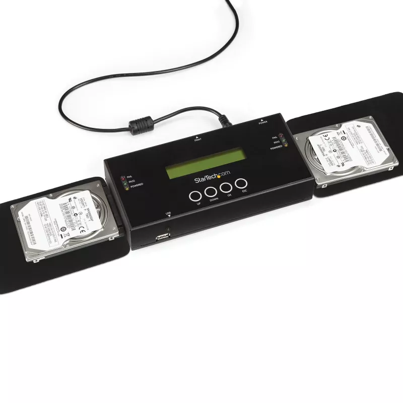 StarTech.com 1:1 samodzielny duplikator i kasowarka dysków twardych, kloner/kopiarka HDD/SSD SAS i SATA, duplikator i narzędzie do bezpiecznego czyszczenia dysków twardych, wyświetlacz LCD, zgodność z TAA