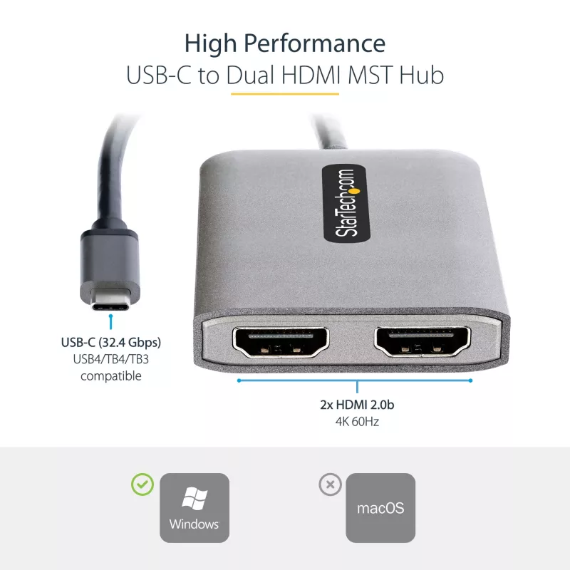 StarTech.com USB-C do Dual HDMI MST HUB - Podwójne HDMI 4K 60Hz - Adapter USB typu C do wielu monitorów dla laptopa z kablem 30 cm - Hub DP 1.4 Multi-Stream Transport - Rozgałęźnik USB-C na HDMI