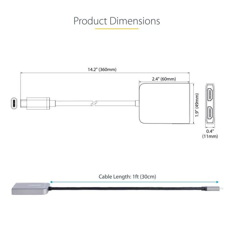StarTech.com USB-C do Dual HDMI MST HUB - Podwójne HDMI 4K 60Hz - Adapter USB typu C do wielu monitorów dla laptopa z kablem 30 cm - Hub DP 1.4 Multi-Stream Transport - Rozgałęźnik USB-C na HDMI