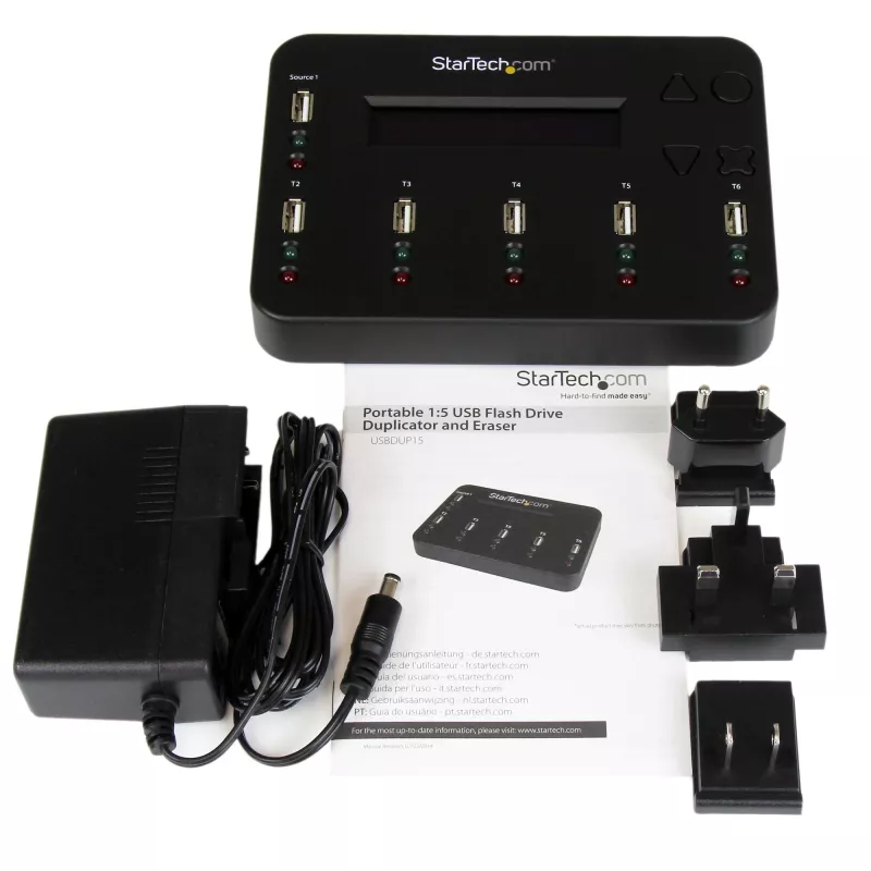 StarTech.com Samodzielny duplikator i kasownik od 1 do 5 dysków USB, kopiarka wielu dysków flash USB, kopiowanie systemowe i plikowe oraz całych dysków z prędkością 1,5 GB/min, pojedyncze i 3-przebiegowe kasowanie, Wyświetlacz LCD - TAA