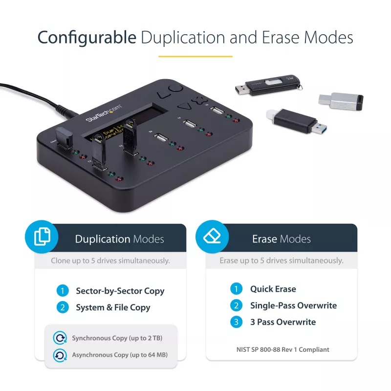 StarTech.com Samodzielny duplikator i kasownik od 1 do 5 dysków USB, kopiarka wielu dysków flash USB, kopiowanie systemowe i plikowe oraz całych dysków z prędkością 1,5 GB/min, pojedyncze i 3-przebiegowe kasowanie, Wyświetlacz LCD - TAA