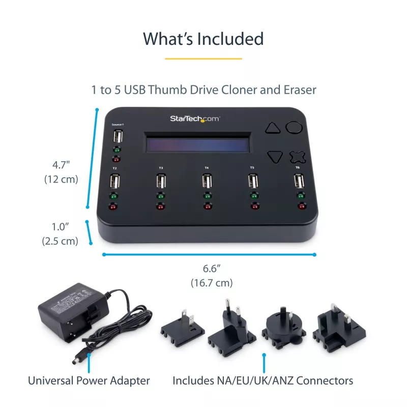StarTech.com Samodzielny duplikator i kasownik od 1 do 5 dysków USB, kopiarka wielu dysków flash USB, kopiowanie systemowe i plikowe oraz całych dysków z prędkością 1,5 GB/min, pojedyncze i 3-przebiegowe kasowanie, Wyświetlacz LCD - TAA