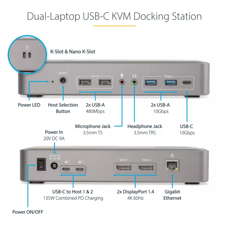Stacja dokująca KVM StarTech.com Dual-Laptop USB-C, podwójny monitor 4K 60Hz DisplayPort Dock, 5-portowy hub USB, GbE, 90W/45W Power Delivery do dwóch laptopów, Windows/Mac, 2-host KVM Dock - TAA