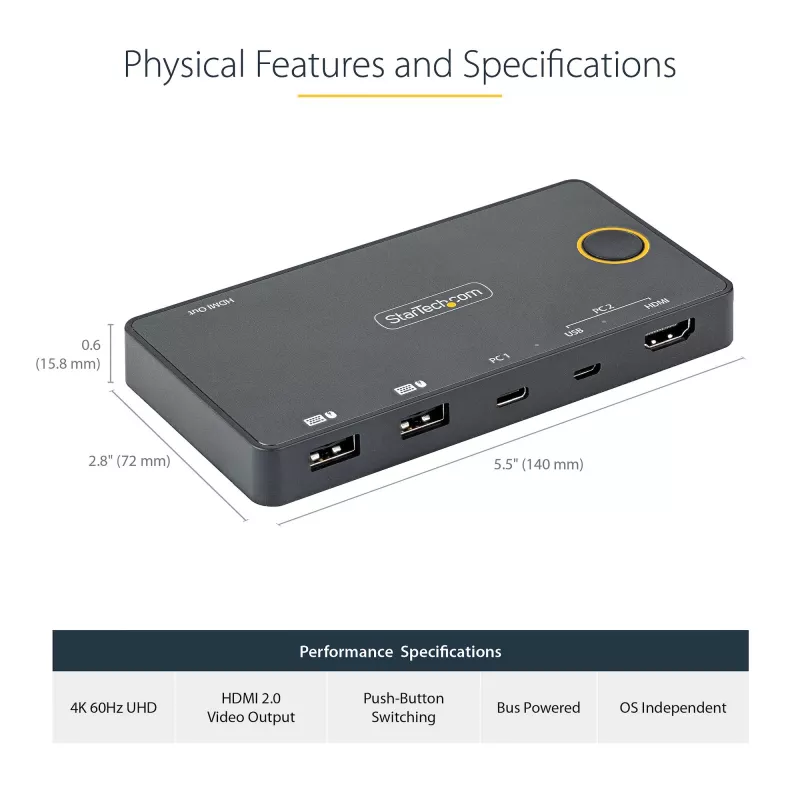 StarTech.com 2-portowy hybrydowy przełącznik KVM USB-A + HDMI i USB-C - Pojedynczy monitor 4K 60 Hz HDMI 2.0 - Kompaktowy przełącznik KVM HDMI dla komputerów stacjonarnych i/lub laptopów - Zasilany przez USB - Kompatybilny z Thunderbolt 3
