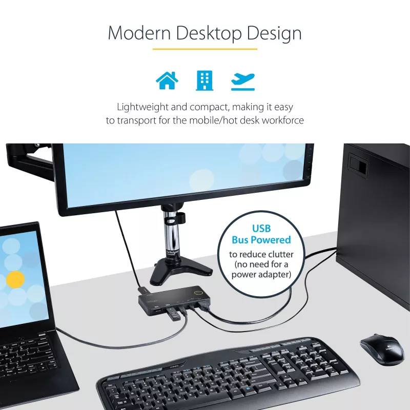 StarTech.com 2-portowy hybrydowy przełącznik KVM USB-A + HDMI i USB-C - Pojedynczy monitor 4K 60 Hz HDMI 2.0 - Kompaktowy przełącznik KVM HDMI dla komputerów stacjonarnych i/lub laptopów - Zasilany przez USB - Kompatybilny z Thunderbolt 3